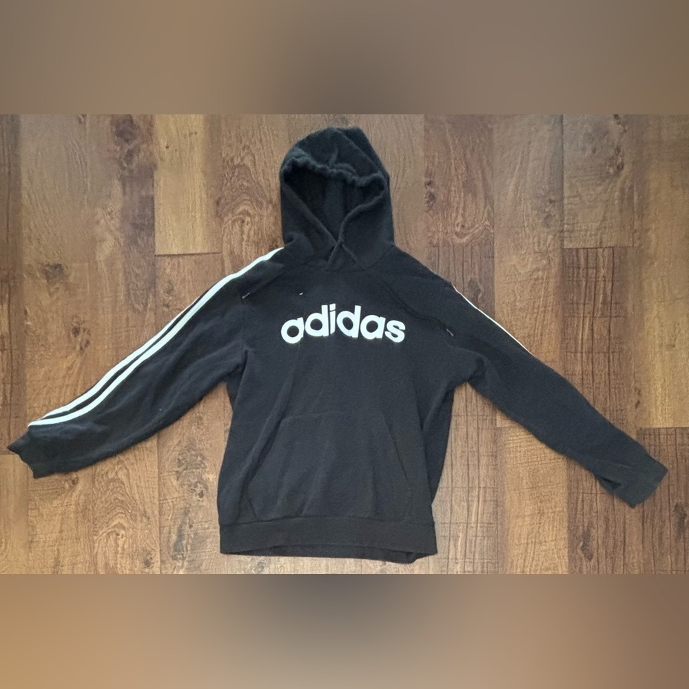 Adidas Mens unisex pullover hoodie Sz large black white stripes
